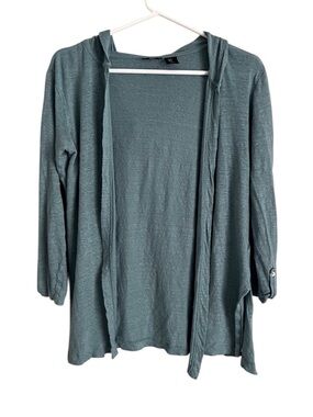 Tahari Linen Cardigan Sweater Teal Green Natural Coastal Casual Relaxed Small